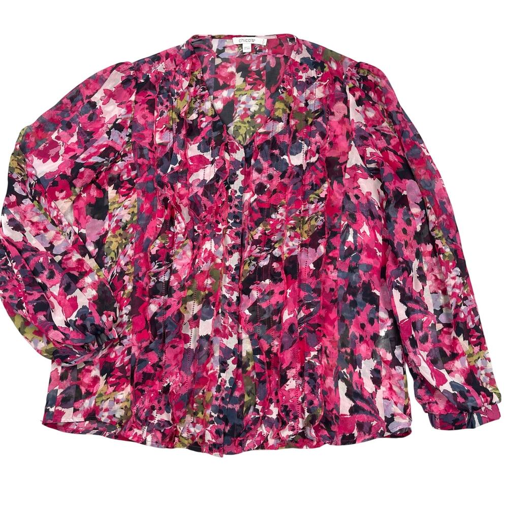 Chicos Top Womens 2 / US 12 Pink Floral Chiffon Ruffle Blouse Semi-sheer